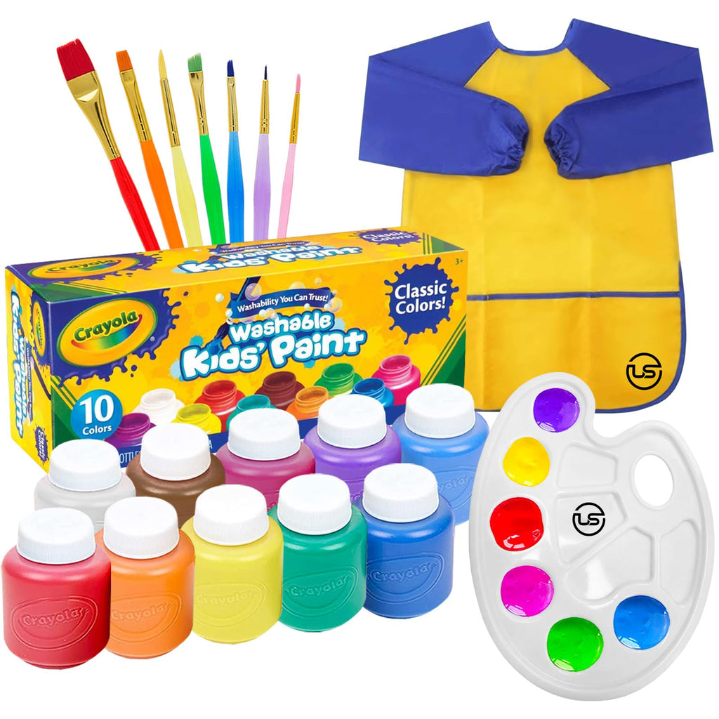Washable Kids Paint Set 10 ct 7 Paint Brushes for Kids Paint Pallet Toddler Smock – Washable Paint for Kids Kids Paint Supplies Washable Paint