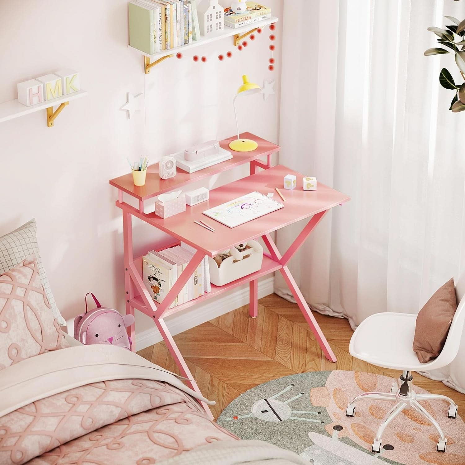 27.5-Inch Pink Desk With Monitor Stand For Small Spaces