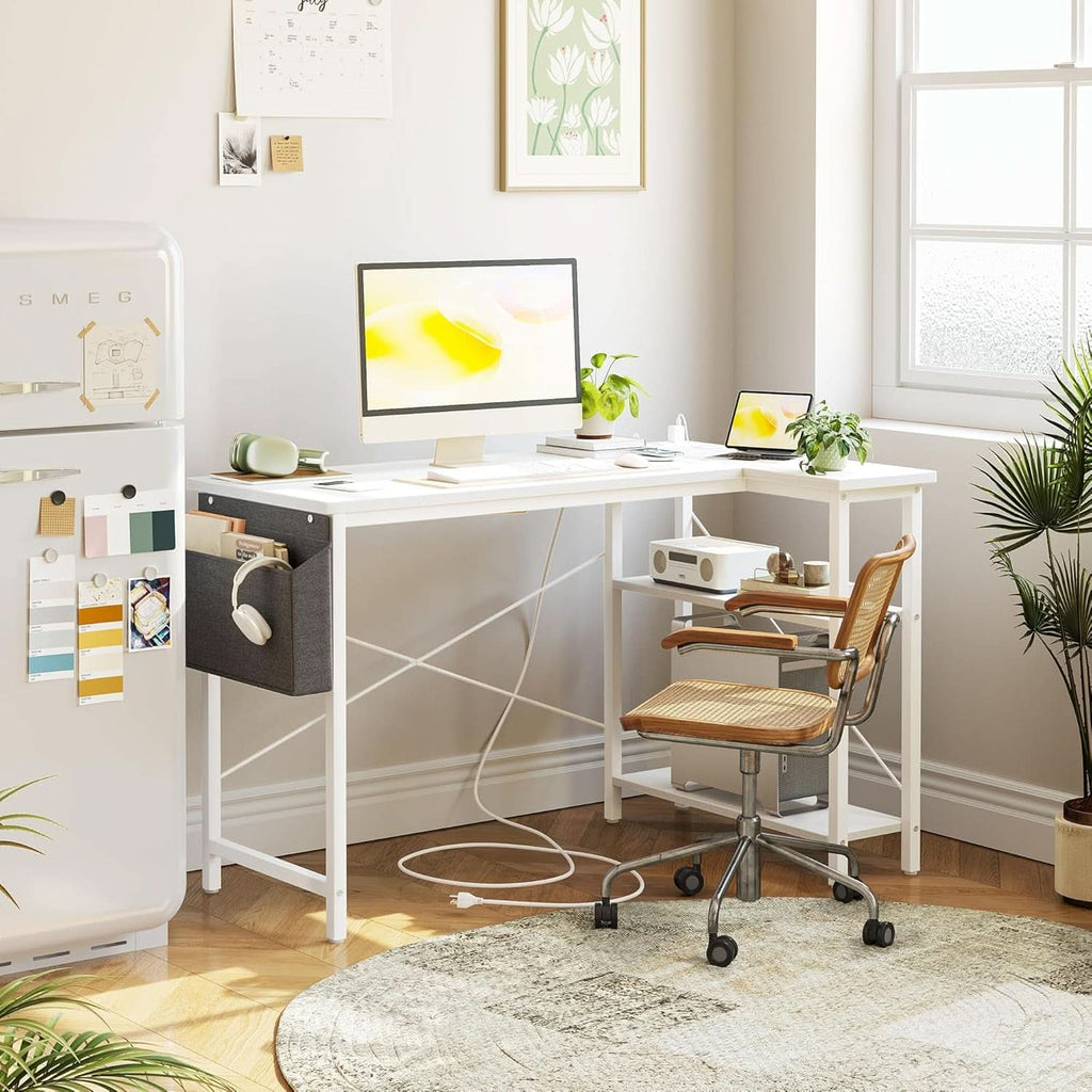 L Shaped Corner Desk 47 Inch With Power Outlets White