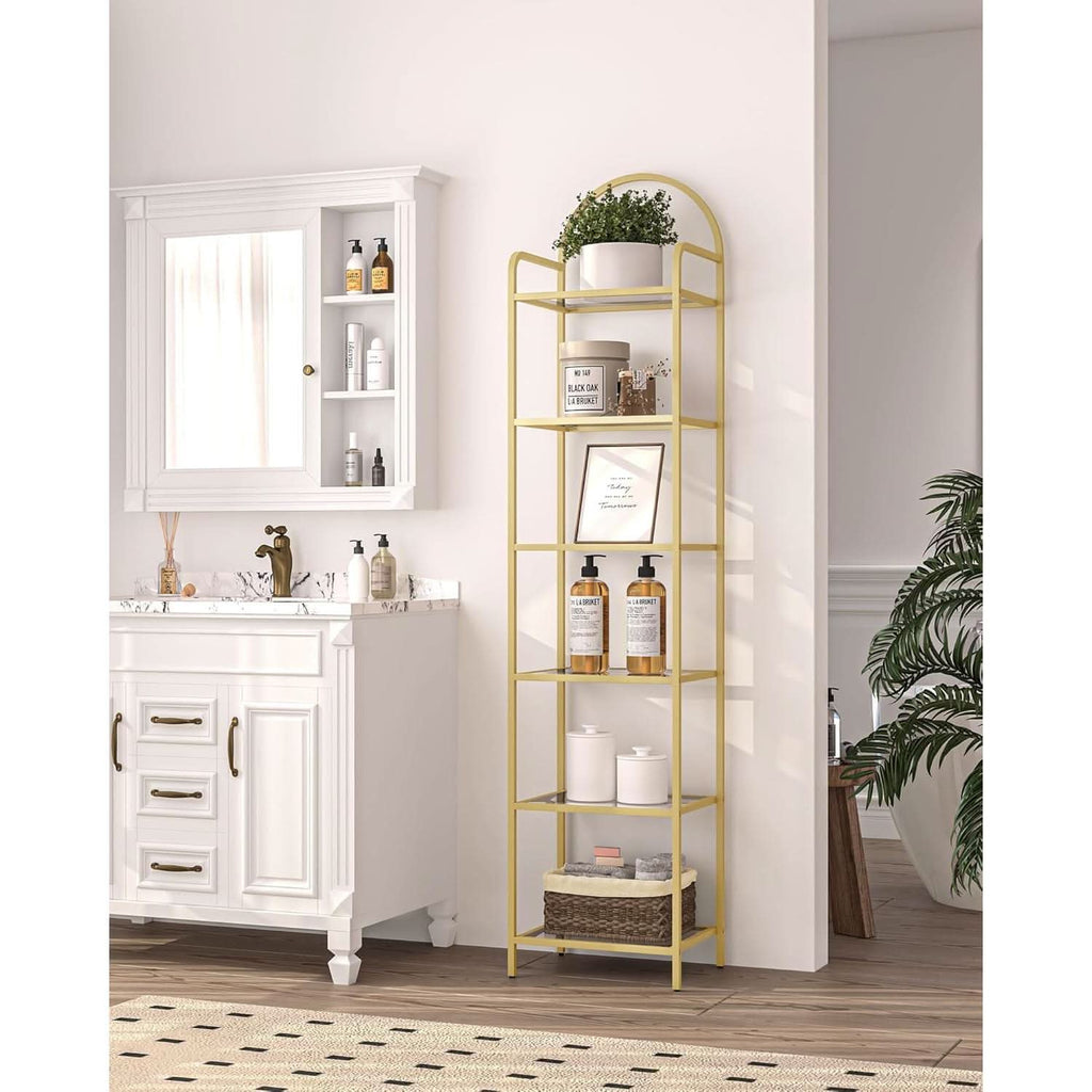Gold Six Tier Bookcase With Tempered Glass Shelves