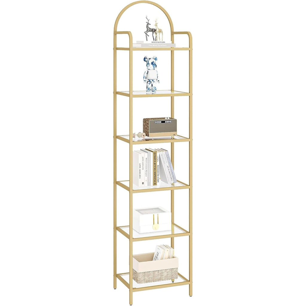 Gold Six Tier Bookcase With Tempered Glass Shelves