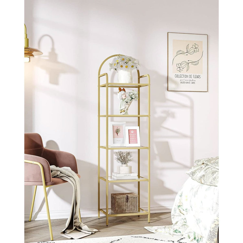Gold Six Tier Bookcase With Tempered Glass Shelves