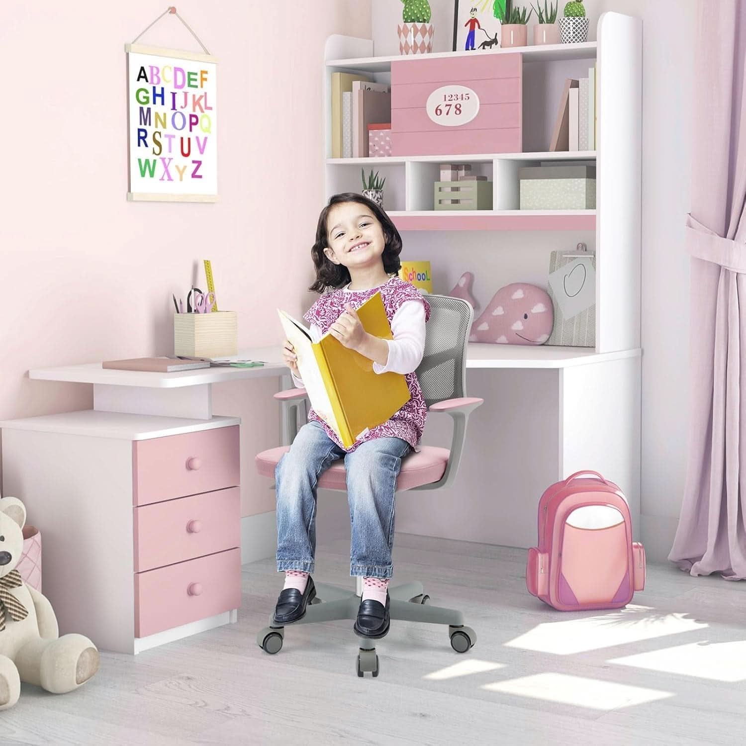 Kids Desk Chair Pink Height Adjustable Lumbar Support