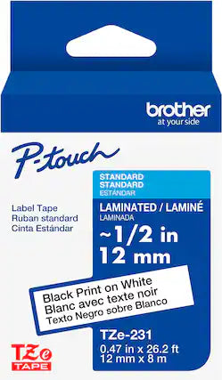 Brother - P-touch TZe-231, Black Print on White Laminated Label Tape, ~1/2in x 26.2ft (12mm x 8m)